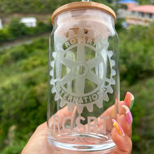 Engraved Glass Beer Can Cup With Wooden Lid and Straw